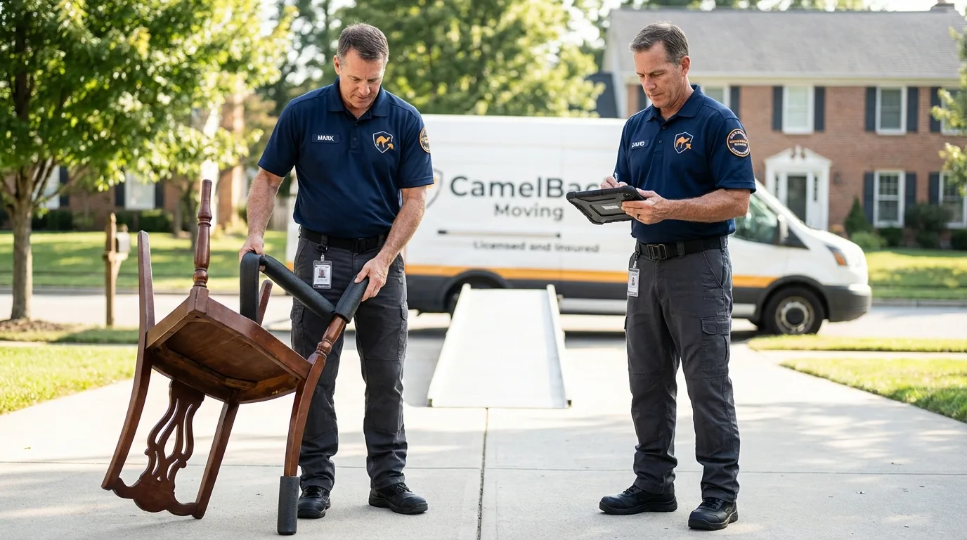 Movers inspecting furniture for damage prevention before loading in Smiths Station, AL