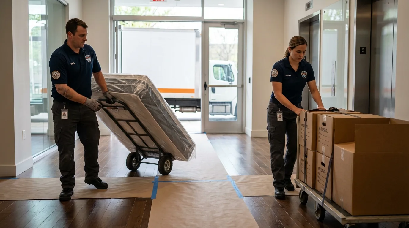 Professional apartment movers loading elevator in Smiths Station, AL